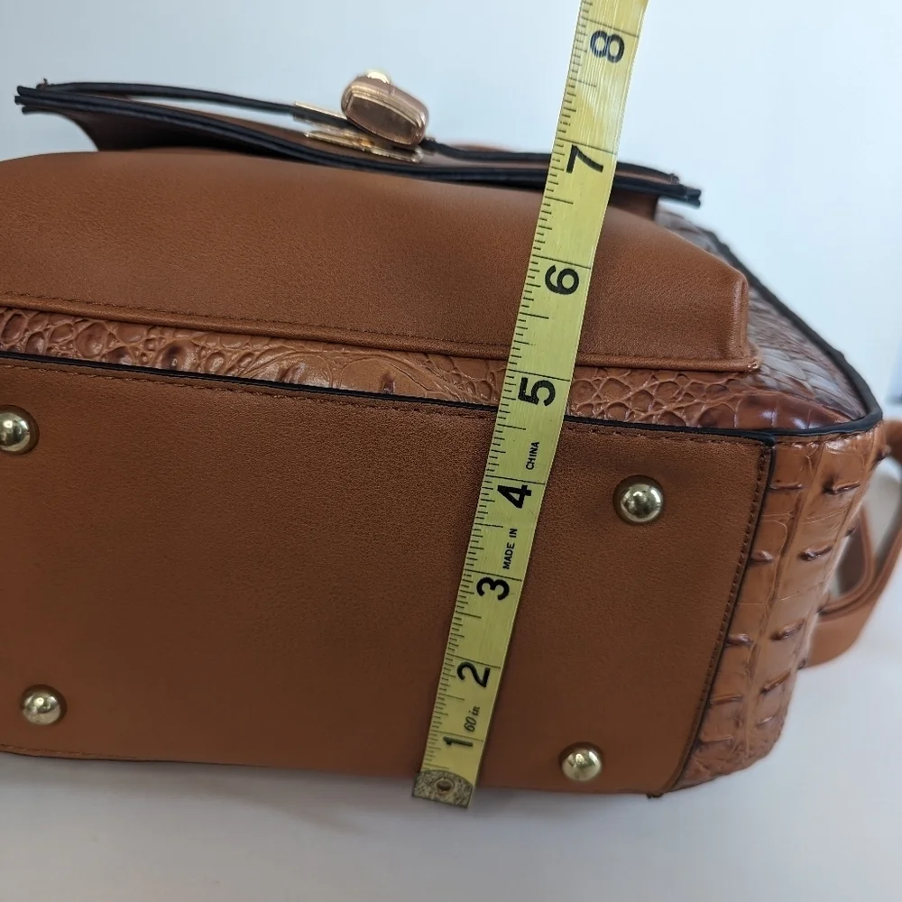 Faux Alligator Leather Dome Zip Top Backpack 5 Pockets Top Handle Amber Brown